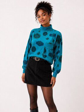 80s Teal Aztec Print Mock Neck Sweatshirt Soft Oversized Cotton Blend Top S